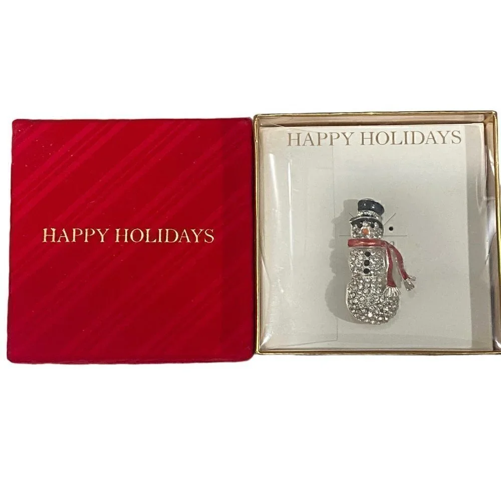 Happy Holidays Snowman Rhinestone Enamel Lapel Pin Brooch 2.25 in x 1in